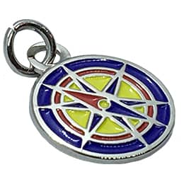 This circular charm is shaped like a magnetic compass.