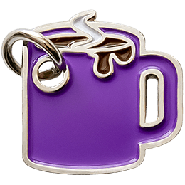 A mug filled with steaming liquid has been turned into a decorative metal charm.