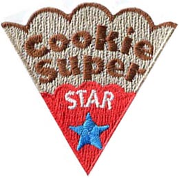 The words Cookie Super Star are on a slice of a cookie with red icing and a blue star.