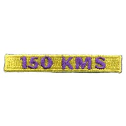 The words 150 KMS are stitched in purple on a yellow background.