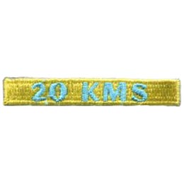 The words 20 KMS are stitched in light blue on a yellow background.