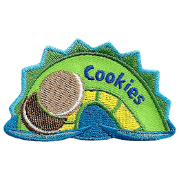 The hump of a green and yellow serpent. The word Cookies is on the hump, and two cookies are on the left.