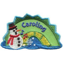 A green and yellow sea serpent with a carolling snowman on its left, and the word Caroling on it.