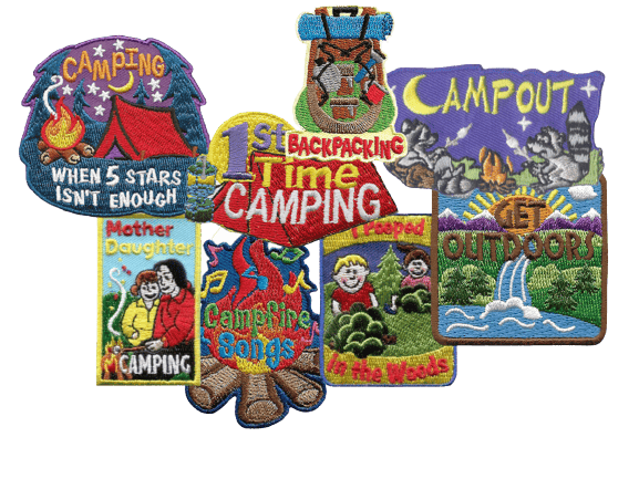 A collage of Camping themed patches from E-Patches and Crests.