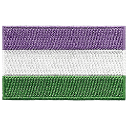The gender queer pride flag displays lavender, white, and chartreuse horizontal stripes.