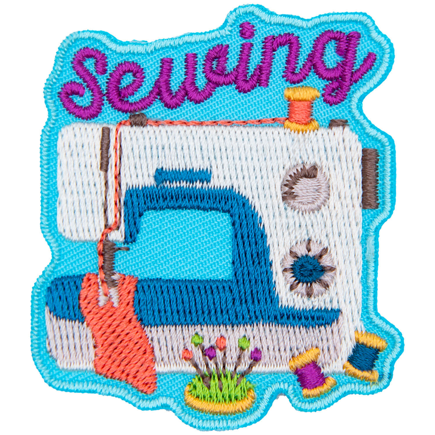 A white sewing machine stitching a piece of pink fabric sits under the word Sewing.