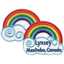 The rainbow patch with the text Lynsey Manitoba, Canada on the cloud. 