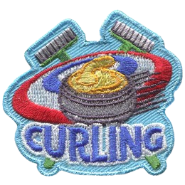 The word Curling is overtop of curling equipment and a target.