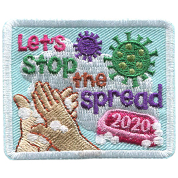 Someone is washing their hands next to the words Let's Stop The Spread 2020 on a patch.
