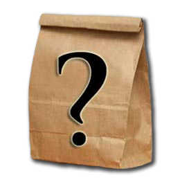 A paper bag with a question mark on it.