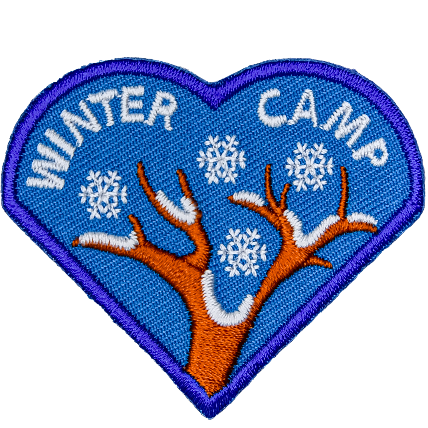 The words Winter Camp are above a tree top covered in show.