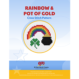 This PDF booklet has a cross-stitched rainbow ending in a pot of gold on the cover. A three-leaf clover rests next to the pot of gold.