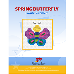 This PDF booklet has a cross-stitched butterfly on the cover. The butterfly is decorated in spring colours of purple, pink, green, and blue.