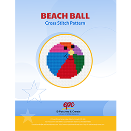 This PDF booklet has a cross-stitched beach ball on the cover. The beach ball is split into 5 colours and has a smiley face where all the colours join