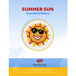 This PDF booklet has a cross-stitched sun wearing sunglasses on the cover. The sun has alternating flames of yellow and orange colour coming out from 