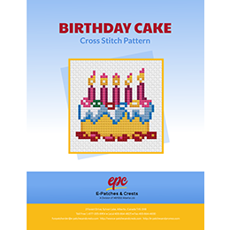 This PDF booklet has a cross-stitched Birthday Cake on the cover. Five lit candles stand proudly on top of the cake.