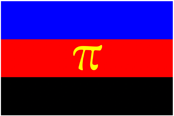 The polyamorous pride flag is broken up into three horizontal bars of blue, red, and black colours. A pie symbol sits in the center of the flag.