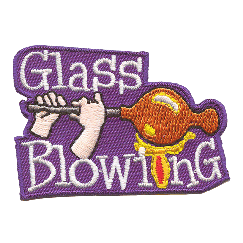 The words Glass Blowing are around a person blowing glass.