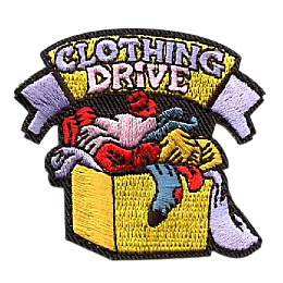 A box full of clothes under the words Clothing Drive.