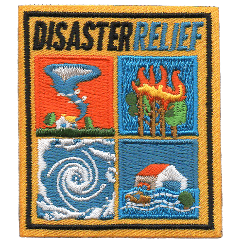 The words Disaster Relief are above four natural disasters.